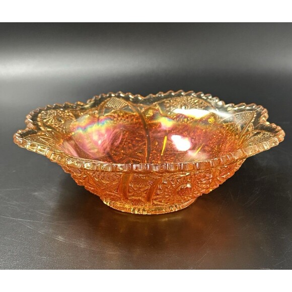 Vintage Iridescent Amber Sunflower Orange Carnival Glass Bowl Scalloped Edges - Picture 1 of 11